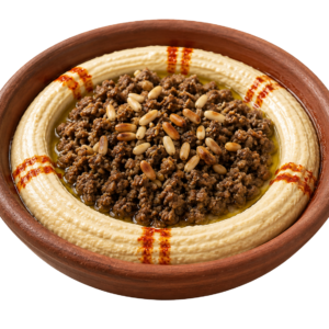 Hummus with minced beef and pine nuts